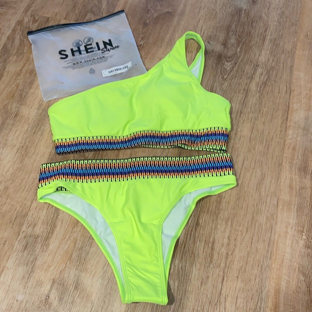 Shein Swim Neon One Shoulder High Waist Two Piece Bikini Swim